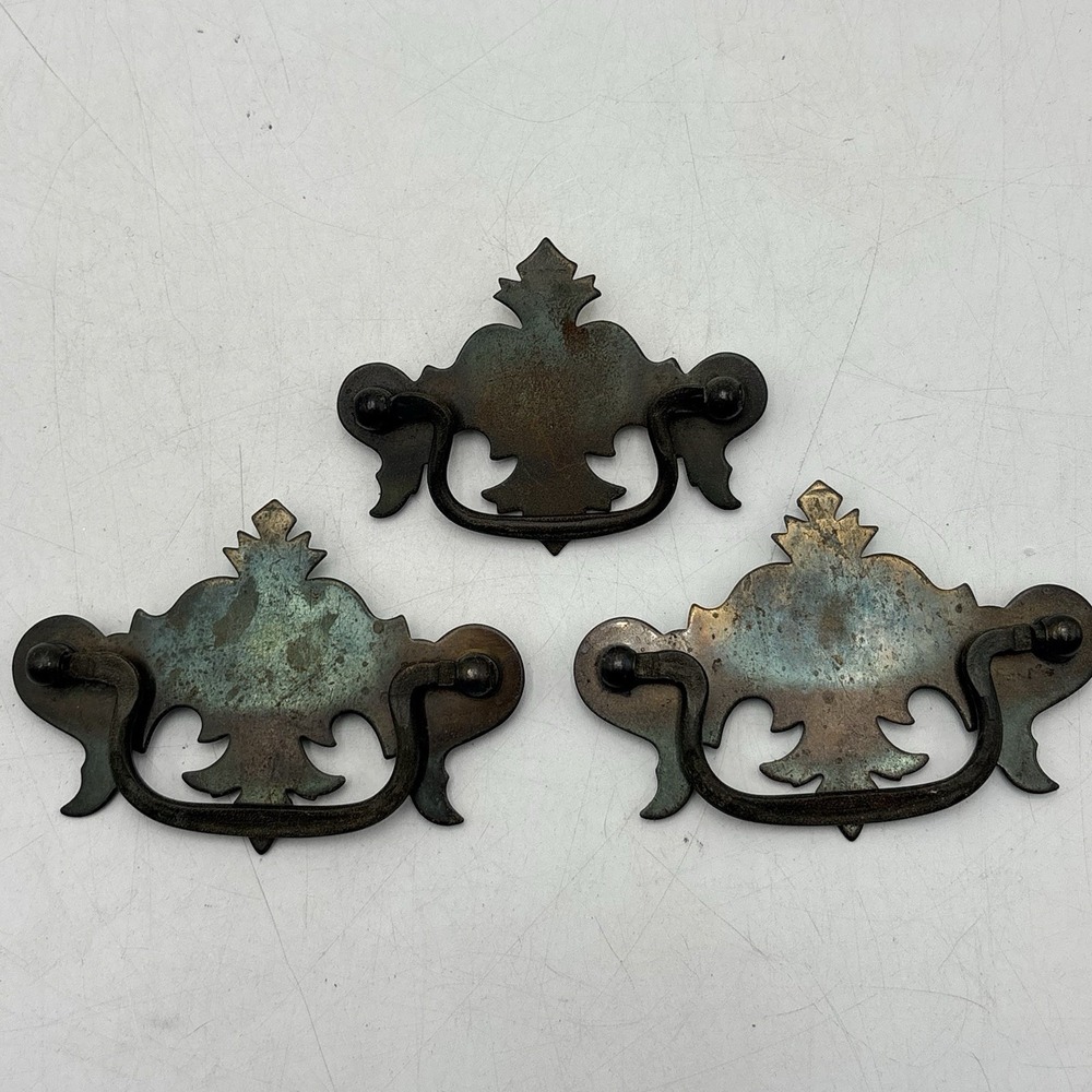 Vintage Drawer Pulls Set 3 Brass Patina Handles 2 Large 1 Small